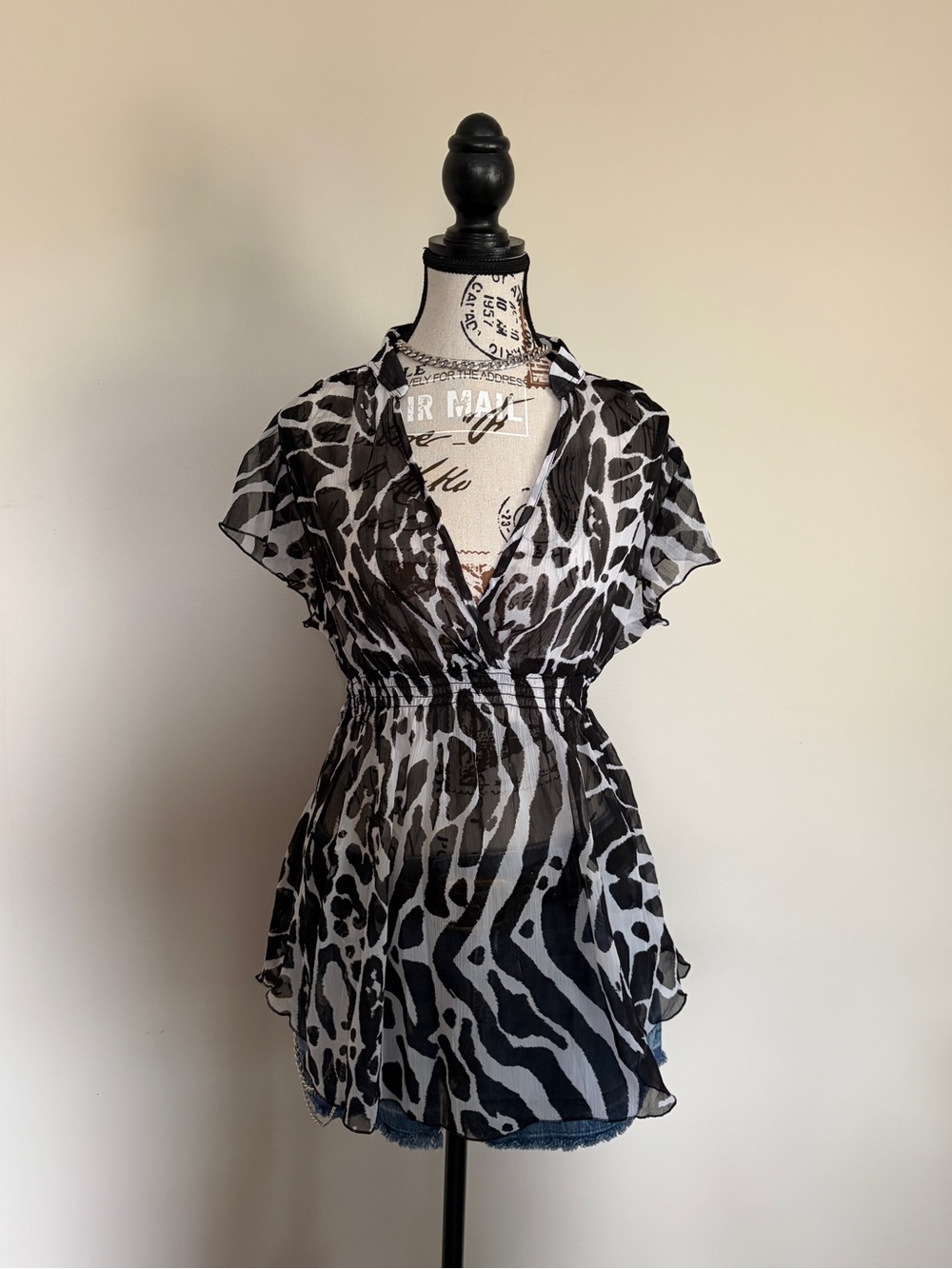Y2K 2000’s Guilty Zebra Print Sheer Short Sleeve Babydoll Tie Back Going Out Top